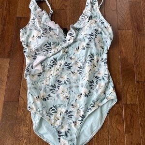 Floral Ruffle One-Piece Swimsuit in Light Blue